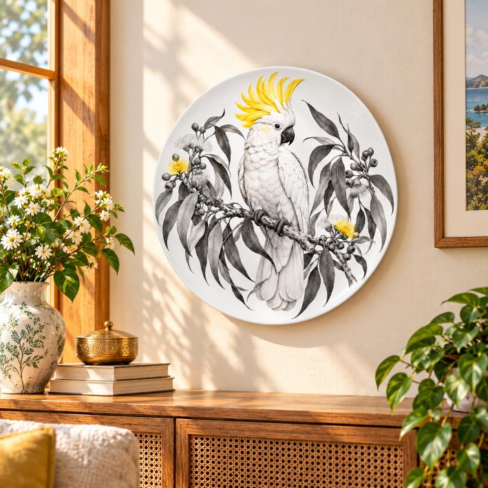 Sulphur Crested Cockatoo Eucalyptus Wall Plate displayed on a wall