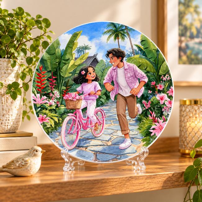 Tropical Bicycle Adventure Family Wall Plate on a tabletop stand