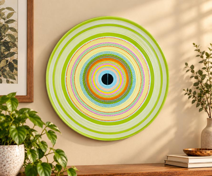 Lime Halo Concentric Abstract Ceramic Decorative Wall Plate displayed on a wall
