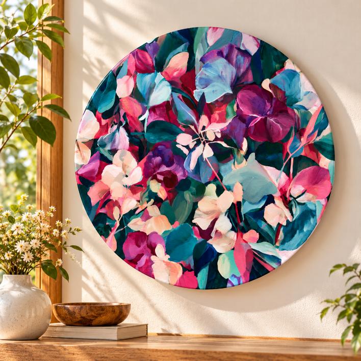 Midnight Bloom Abstract Botanical Wall Plate displayed on a wall