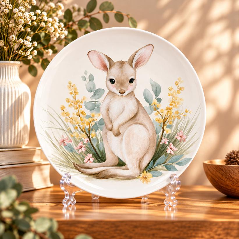 Kangaroo Among Australian Wildflowers Wall Plate on a tabletop stand