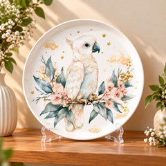 White Cockatoo and Eucalyptus Blossom Wall Plate on a tabletop stand