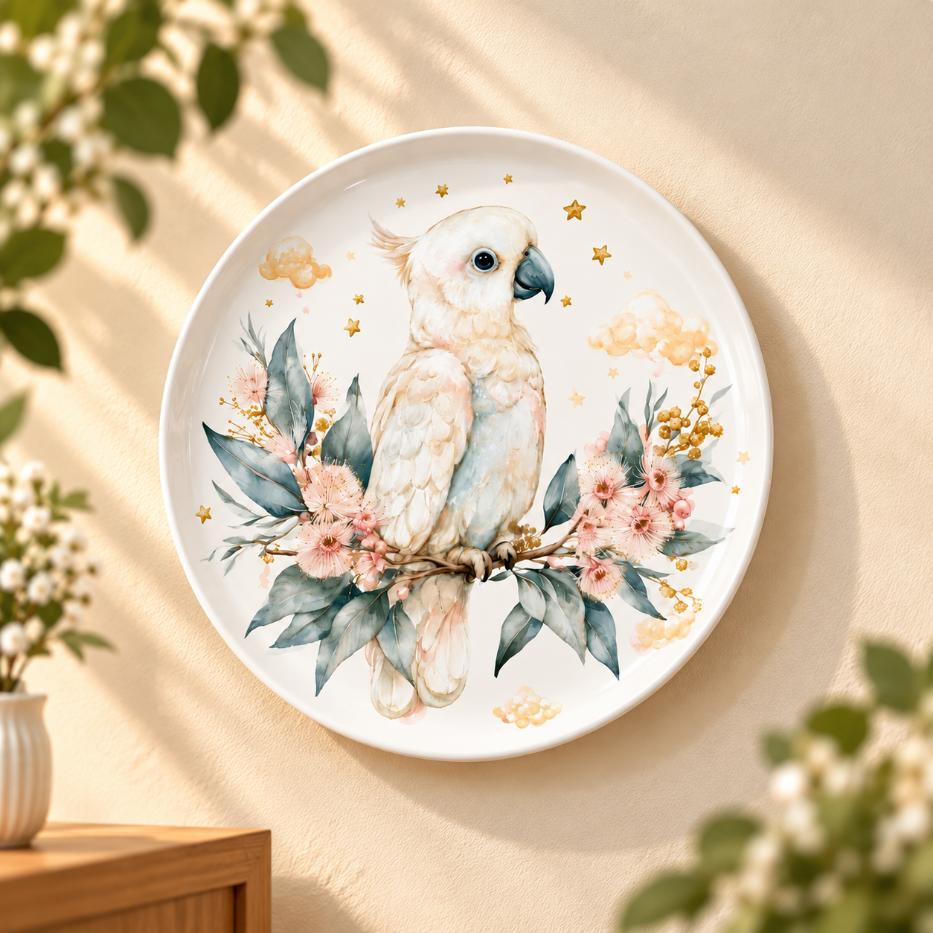 White Cockatoo and Eucalyptus Blossom Wall Plate displayed on a wall