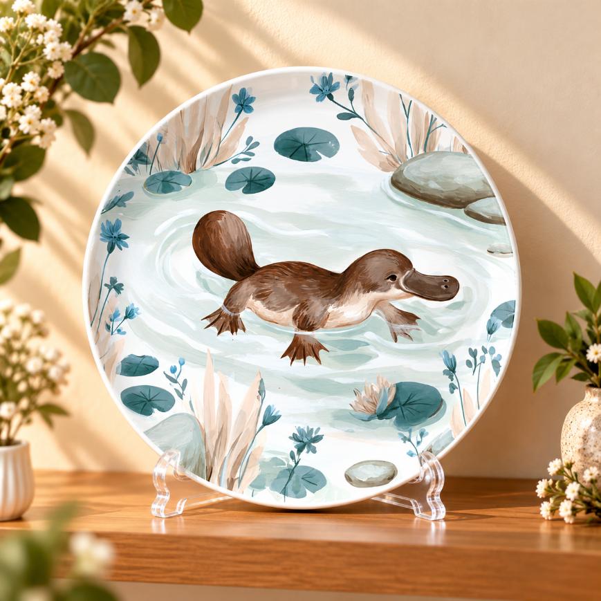 Woodland Platypus in a Lily Pond Wall Plate on a tabletop stand