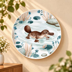 Woodland Platypus in a Lily Pond Wall Plate displayed on a wall