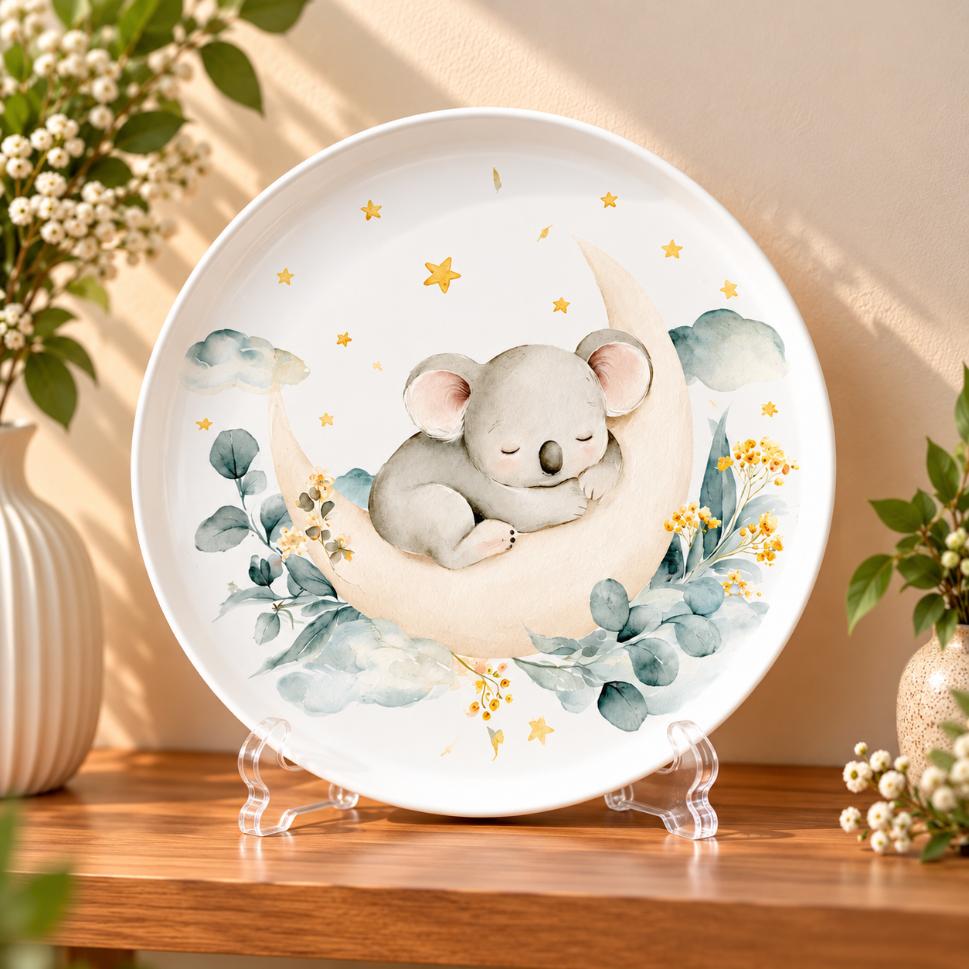 Sleeping Koala on a Crescent Moon Wall Plate on a tabletop stand