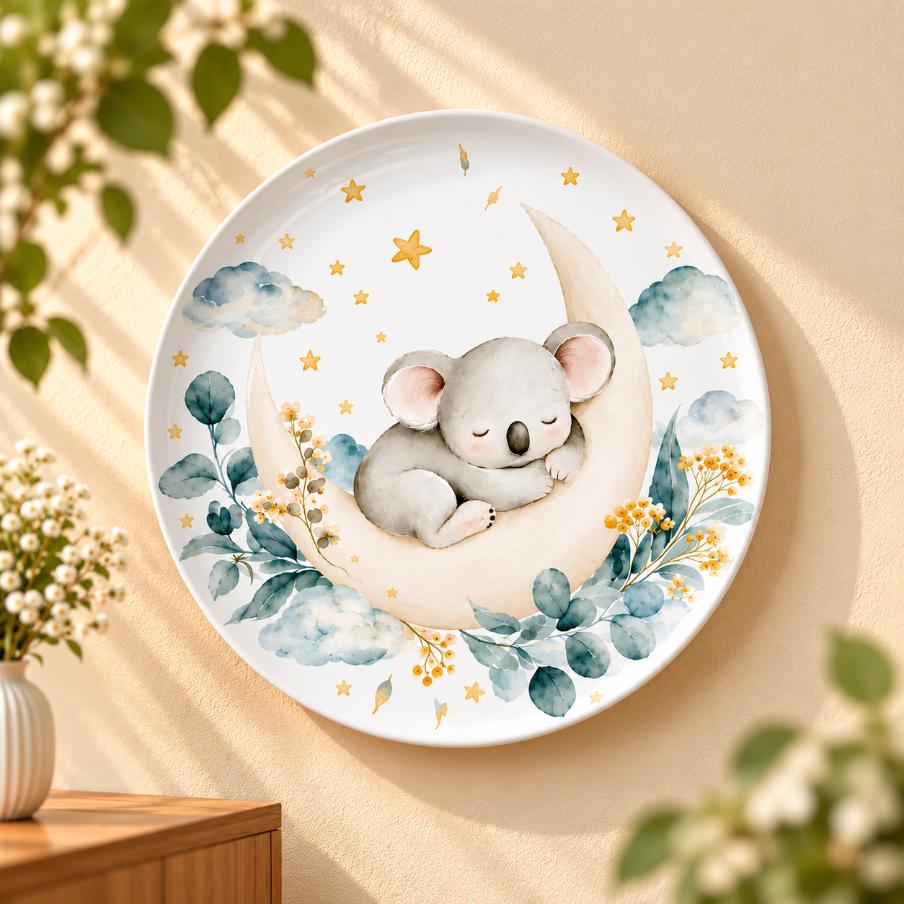 Sleeping Koala on a Crescent Moon Wall Plate displayed on a wall