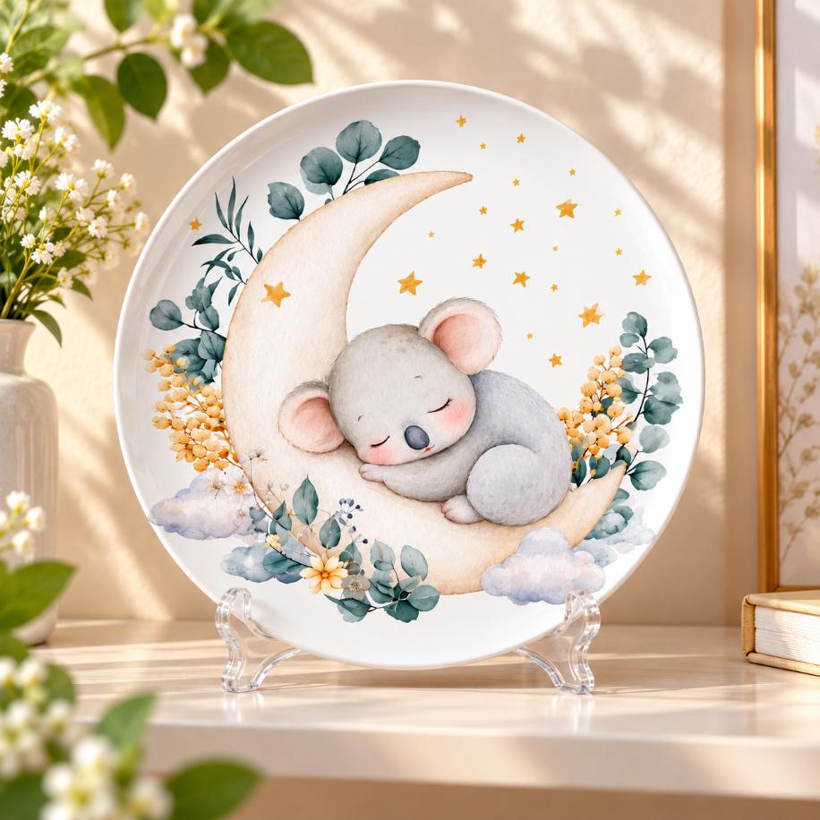 Sleeping Koala on Crescent Moon Wall Plate on a tabletop stand