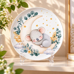 Sleeping Koala on Crescent Moon Wall Plate on a tabletop stand