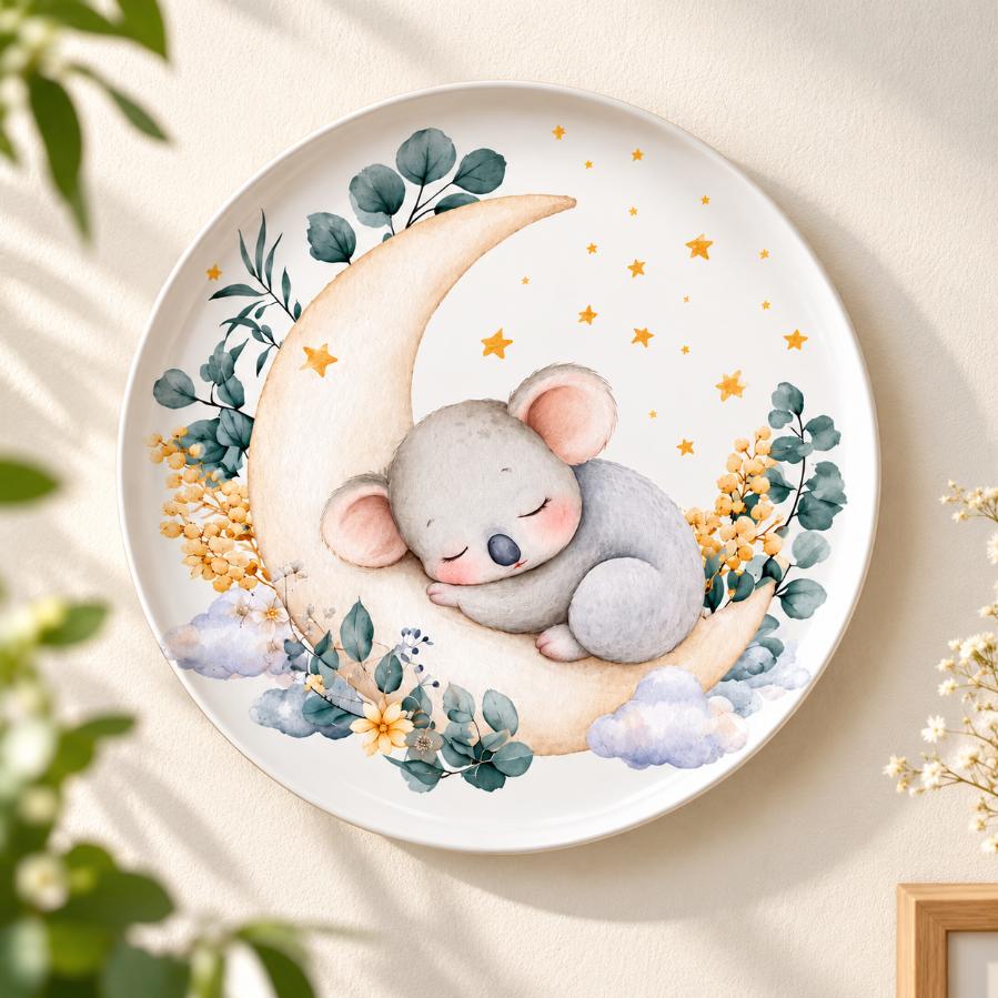Sleeping Koala on Crescent Moon Wall Plate displayed on a wall