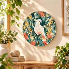 White Cockatoo in Eucalyptus Garden Wall Plate displayed on a wall