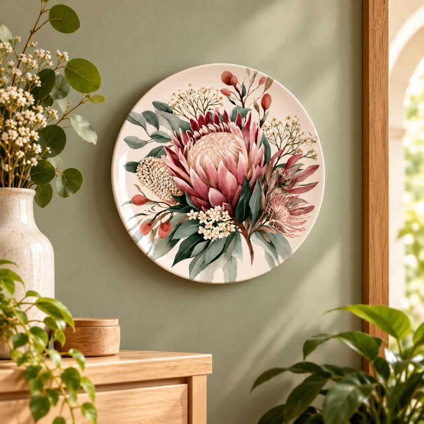 Blush Pink Protea Native Botanical Wall Plate displayed on a wall