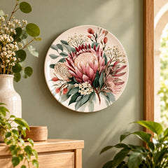 Blush Pink Protea Native Botanical Wall Plate displayed on a wall