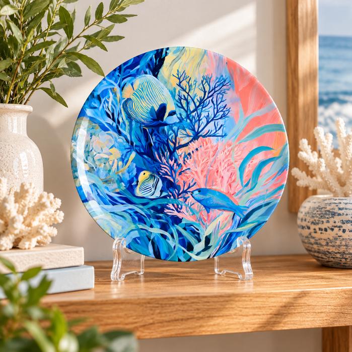 Vibrant Coral Reef Fish Decorative Wall Plate on a tabletop stand