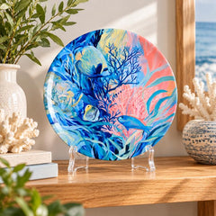Vibrant Coral Reef Fish Decorative Wall Plate on a tabletop stand
