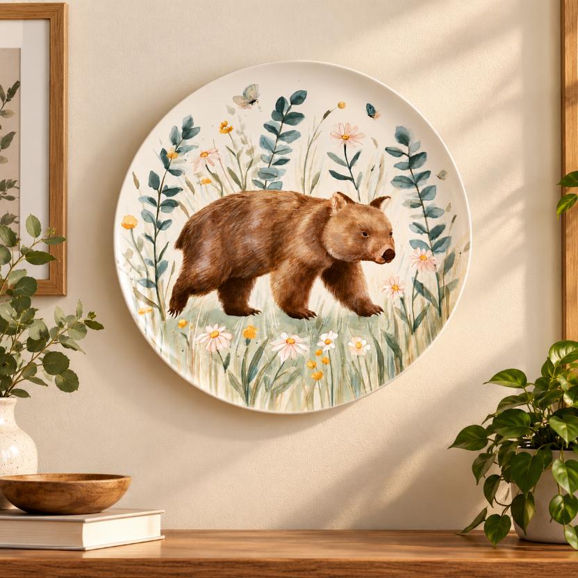 Woodland Wombat Wildflower Nursery Decorative Wall Plate displayed on a wall