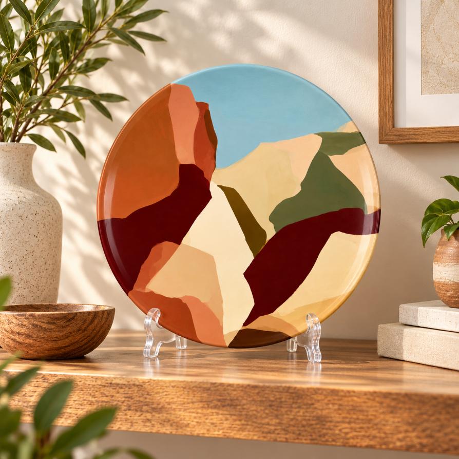 Rust and Ochre Canyon Abstract Decorative Wall Plate on a tabletop stand