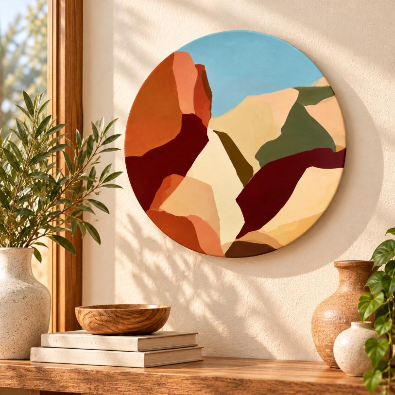 Rust and Ochre Canyon Abstract Decorative Wall Plate displayed on a wall