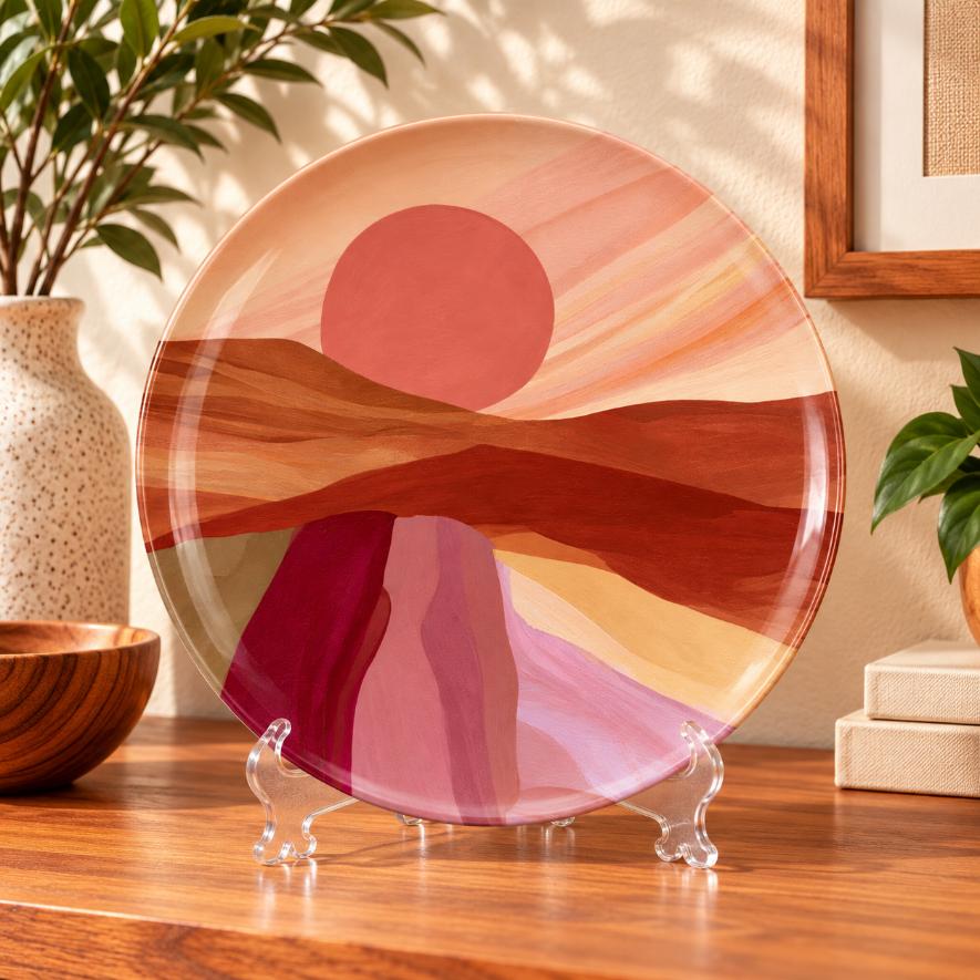Terracotta Sunset Desert Decorative Wall Plate on a tabletop stand