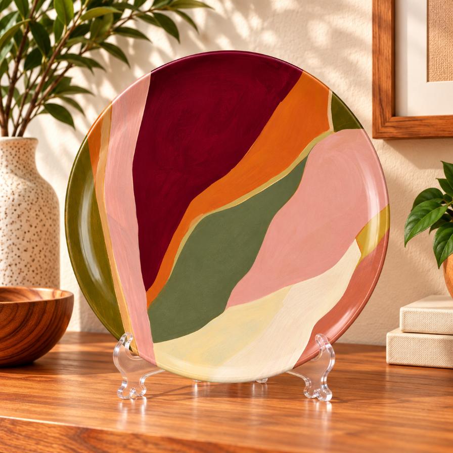 Terracotta Horizons Abstract Wall Plate on a tabletop stand
