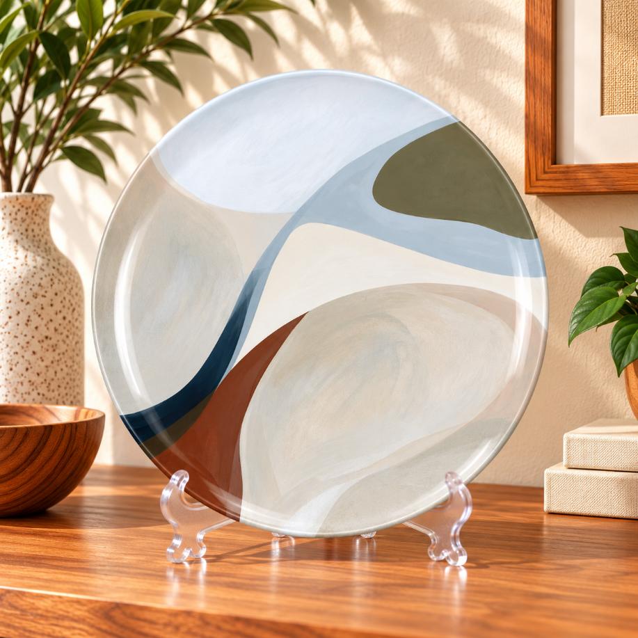 Serene Tides Minimalist Wall Plate on a tabletop stand