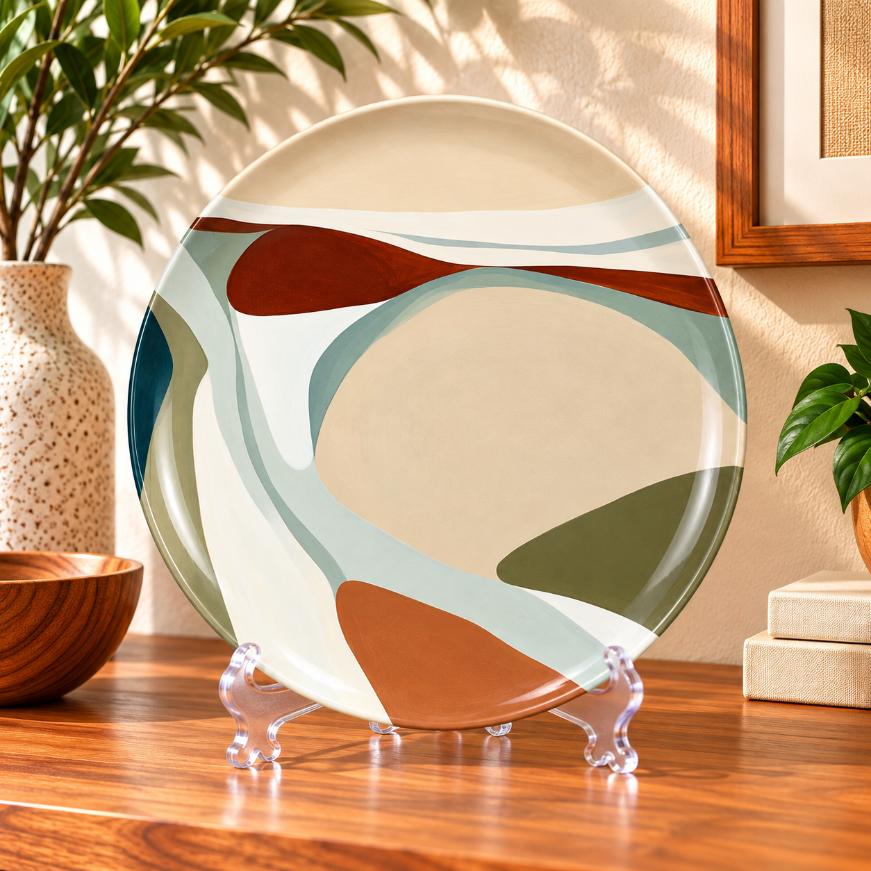 Sculpted Earth Abstract Wall Plate on a tabletop stand