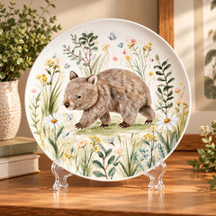 Meadow Wombat Wildflower Nursery Wall Plate displayed on a tabletop stand