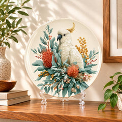 Australian Cockatoo in Native Botanicals Wall Plate on a tabletop stand