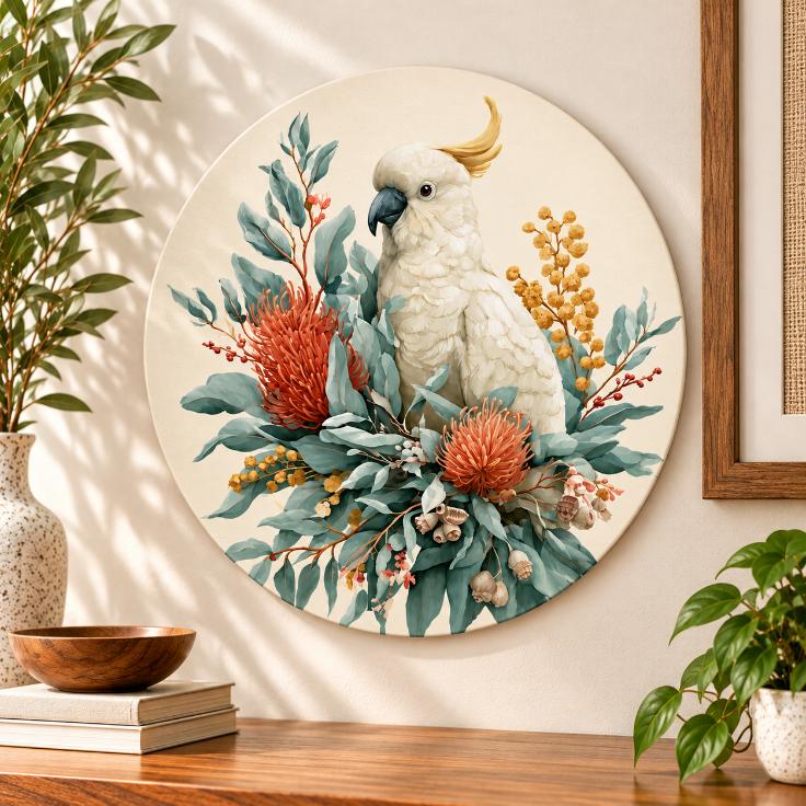 Australian Cockatoo in Native Botanicals Wall Plate displayed on a wall