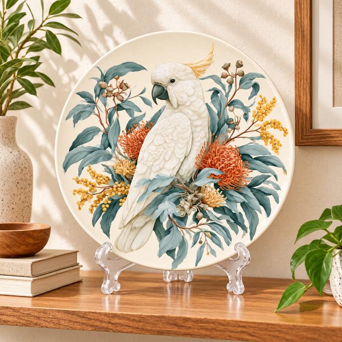 White Cockatoo and Native Blooms Wall Plate on a tabletop stand