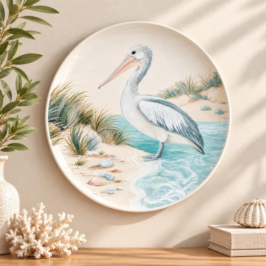 Serene Shore Pelican Wall Plate displayed on a wall