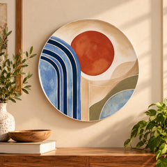 Terracotta Sun Modern Abstract Landscape Wall Plate displayed on a wall