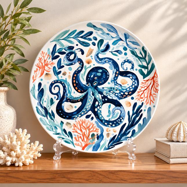 Midnight Octopus Reef Wall Plate on a tabletop stand