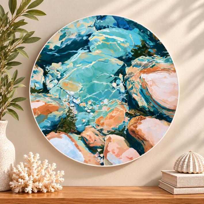 Turquoise Tidal Rocks Wall Plate displayed on a wall