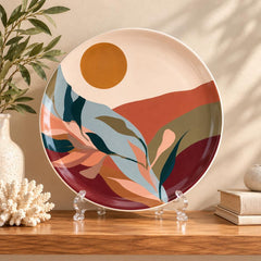 Terracotta Horizon Abstract Landscape Wall Plate on a tabletop stand