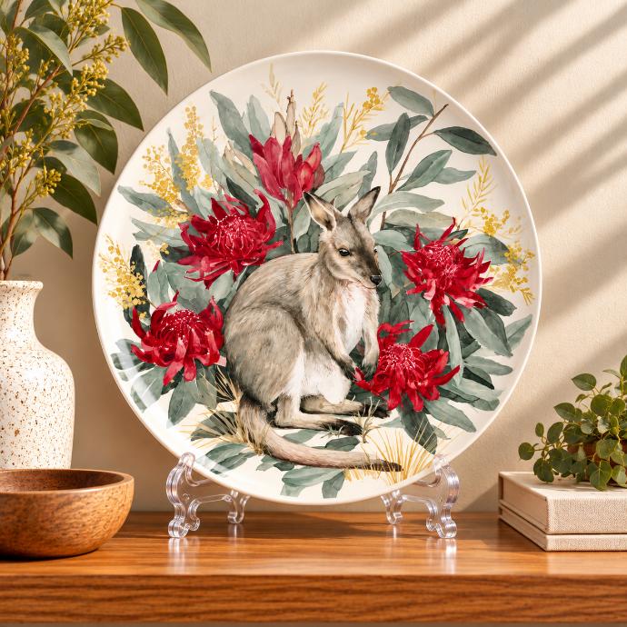 Nature-Inspired Botanical Floral Wall Plate on a tabletop stand