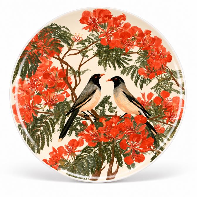 Crimson Blossom Birds Decorative Wall Plate