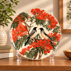 Crimson Blossom Birds Decorative Wall Plate on a tabletop stand