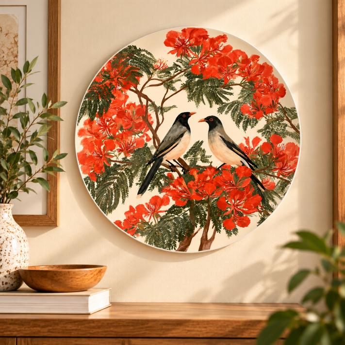 Crimson Blossom Birds Decorative Wall Plate displayed on a wall