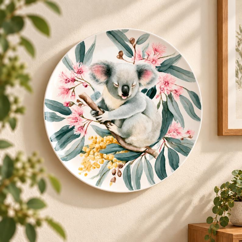 Koala Among Blossoms Wildlife Wall Plate displayed on a wall