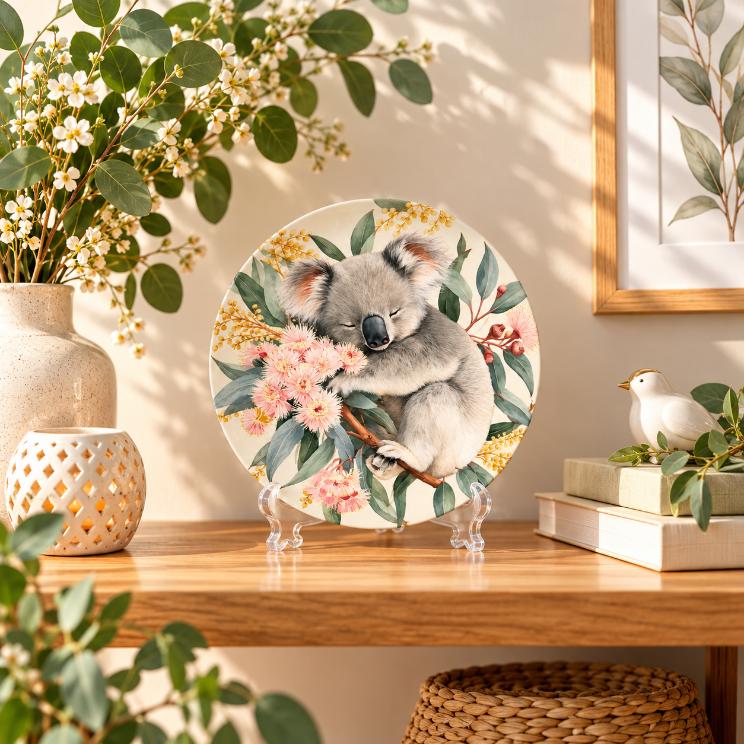 Sleeping Koala Among Eucalyptus Blossoms Wall Plate on a tabletop stand
