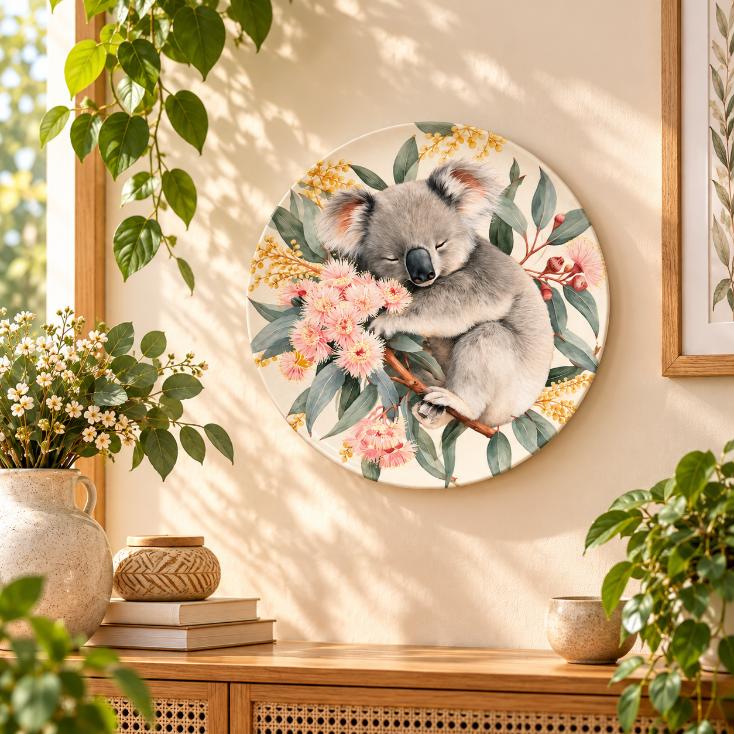 Sleeping Koala Among Eucalyptus Blossoms Wall Plate displayed on a wall