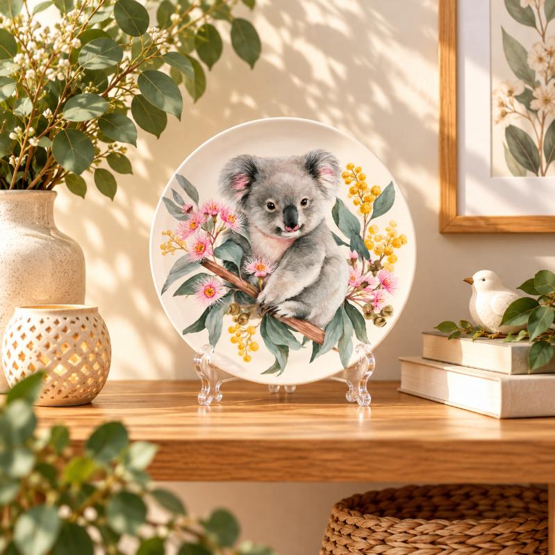 Curious Koala on Eucalyptus Blossoms Wall Plate on a tabletop stand