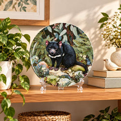 Tasmanian Devil Forest Wall Plate on a tabletop stand