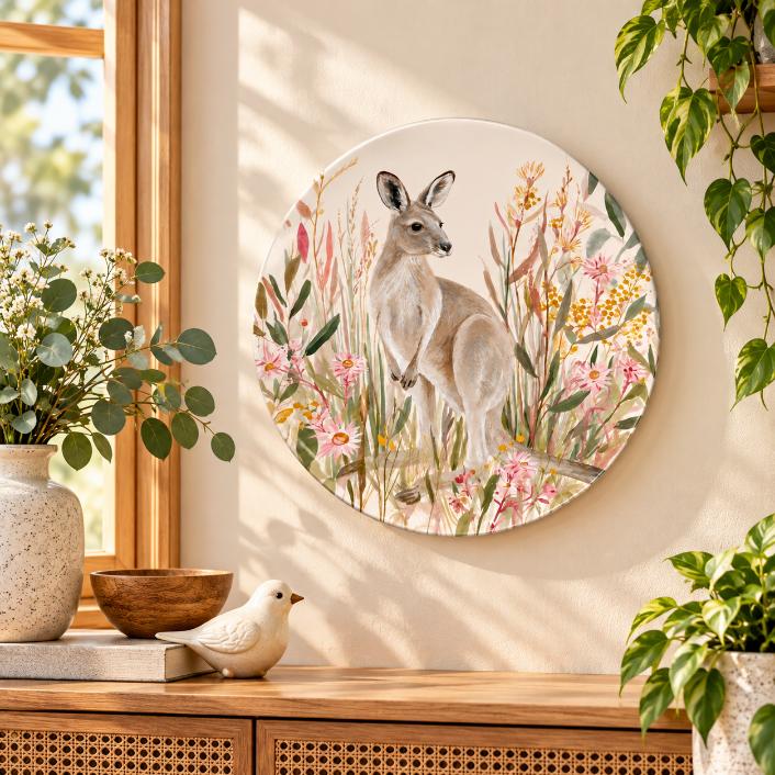 Kangaroo in Wildflowers Australian Wildlife Wall Plate displayed on a wall