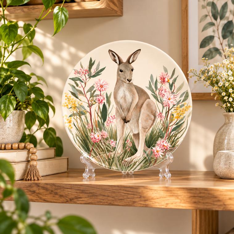 Kangaroo Among Wildflowers Australian Wildlife Wall Plate on a tabletop stand