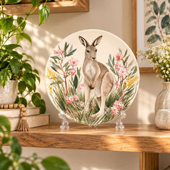 Kangaroo Among Wildflowers Australian Wildlife Wall Plate on a tabletop stand