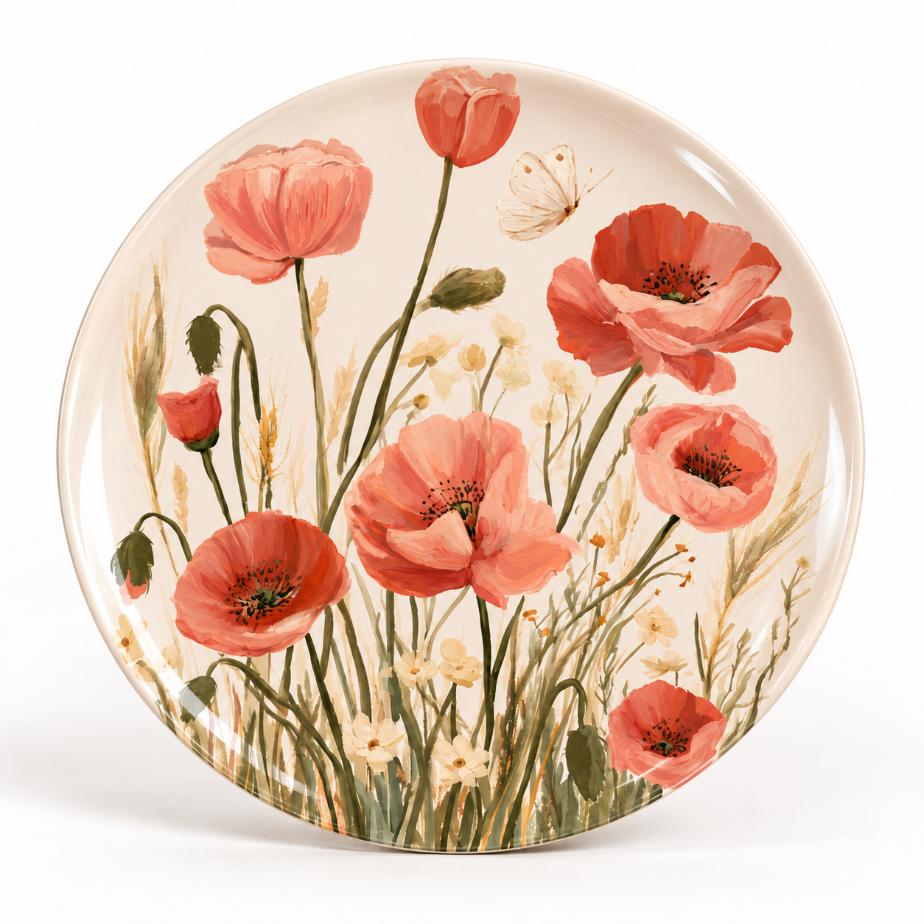 Coral Poppy Meadow Floral Wall Plate
