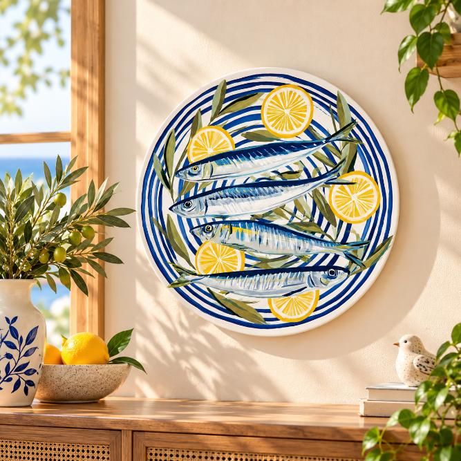 Mediterranean Sardines and Lemons Wall Plate displayed on a wall