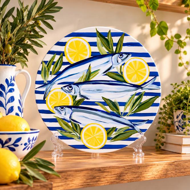 Mediterranean Sardines and Lemon Stripe Wall Plate on a tabletop stand
